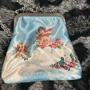 Angel Print Satin Purse with Chain Cherubs flowers